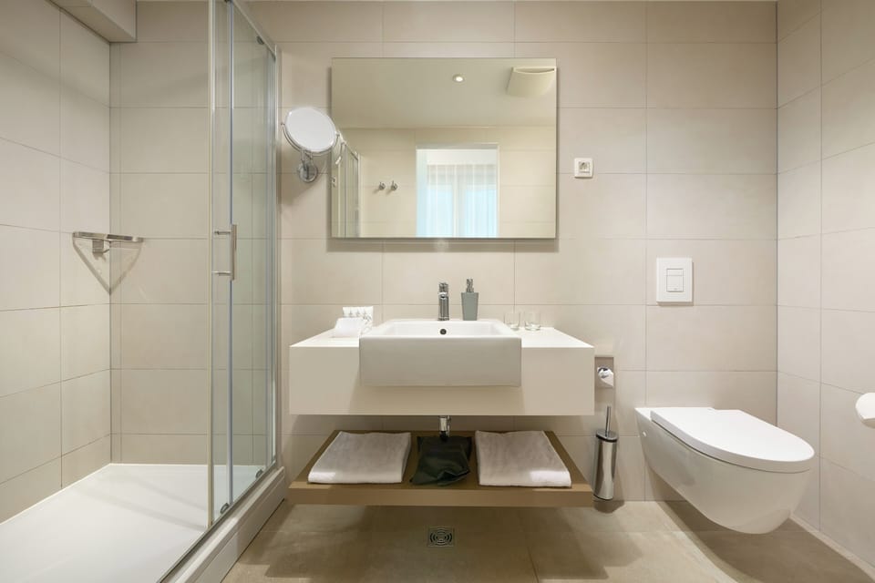 Shower, free toiletries, hair dryer, towels