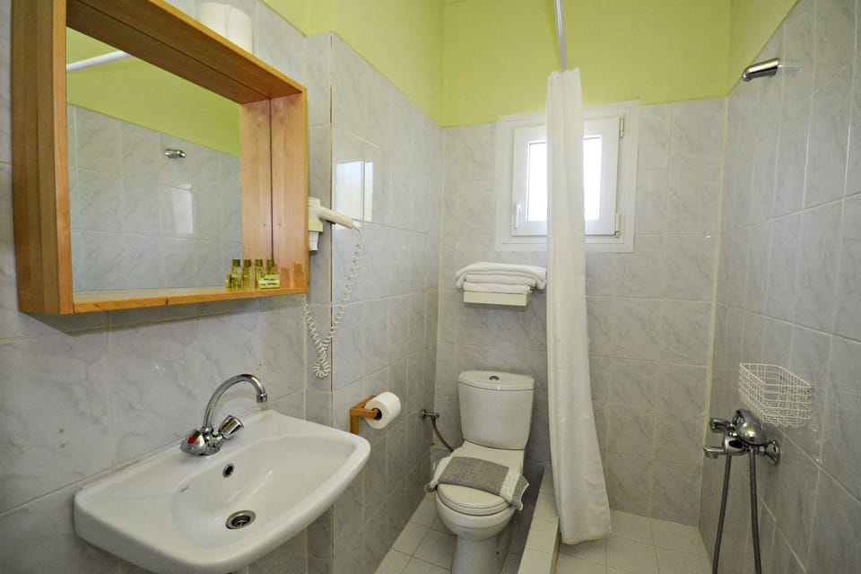 Shower, free toiletries, hair dryer, slippers