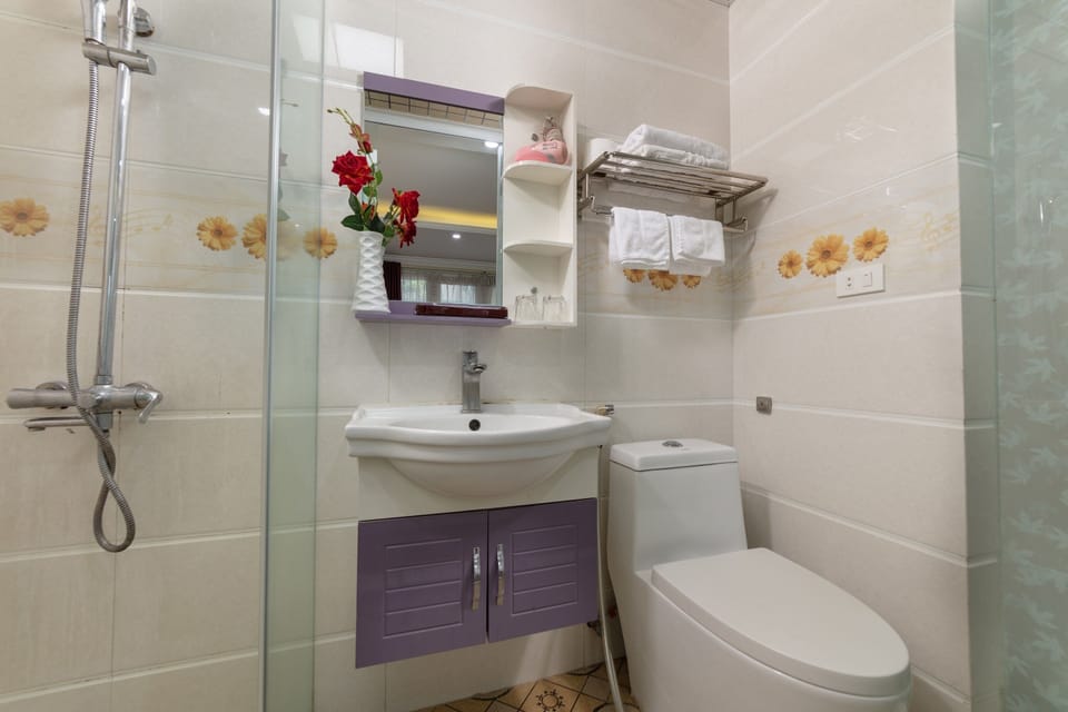 Shower, rainfall showerhead, free toiletries, hair dryer