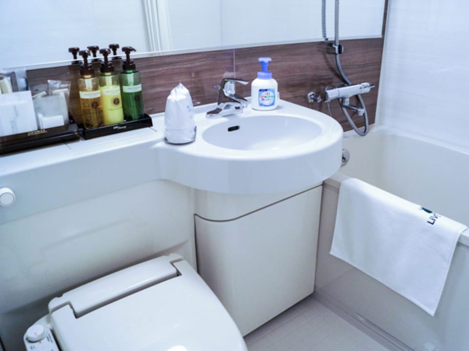 Combined shower/tub, free toiletries, hair dryer, slippers