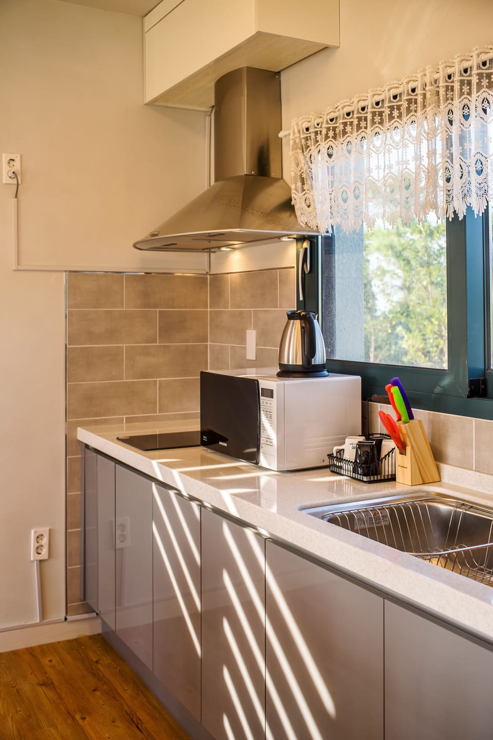Microwave, stovetop, dishwasher, electric kettle