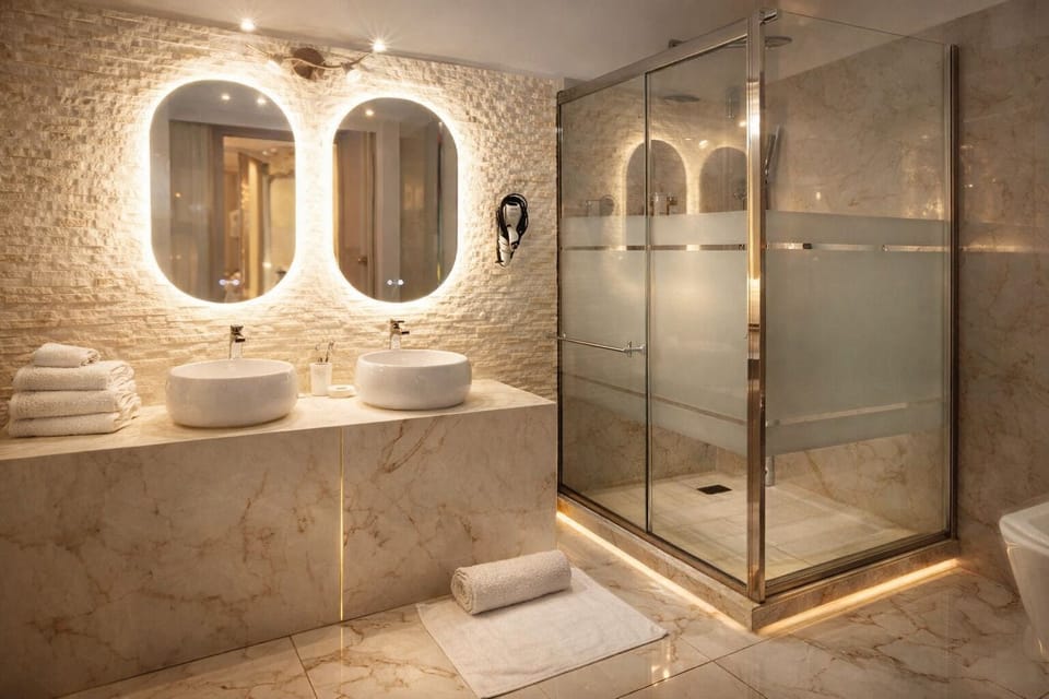 Shower, rainfall showerhead, eco-friendly toiletries, hair dryer