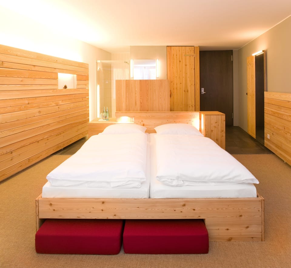 Hypo-allergenic bedding, desk, laptop workspace, blackout drapes