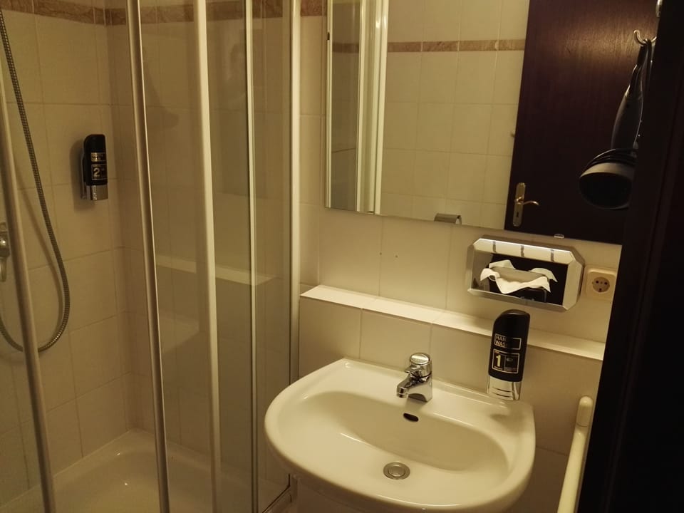 Shower, free toiletries, hair dryer, towels
