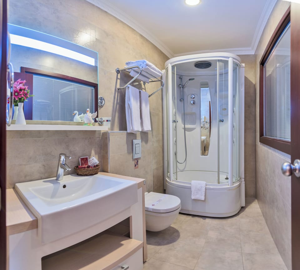 Shower, rainfall showerhead, free toiletries, hair dryer