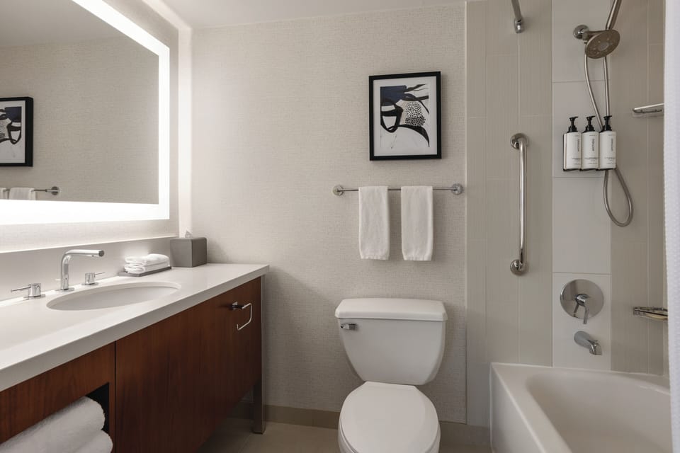 Combined shower/tub, hair dryer, towels