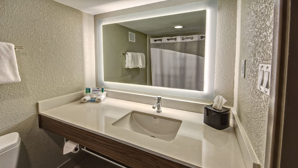 Combined shower/tub, free toiletries, hair dryer, towels