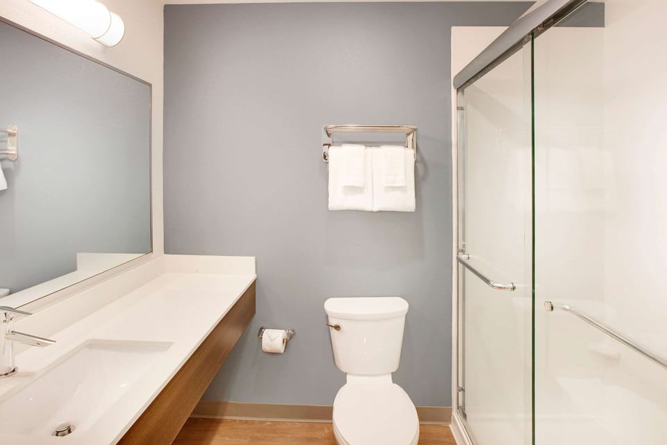 Combined shower/tub, free toiletries, hair dryer, towels