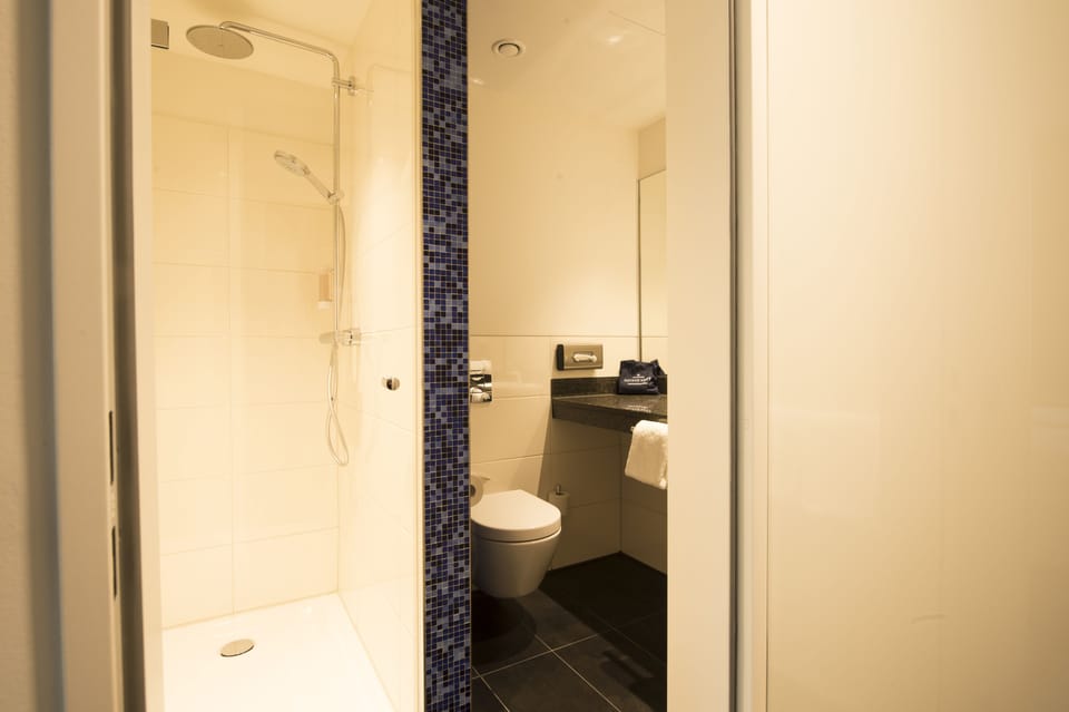 Shower, free toiletries, hair dryer, towels