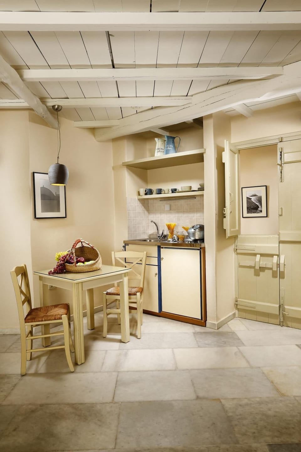Fridge, stovetop, dining tables
