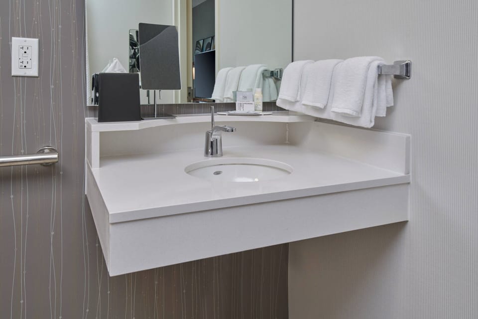 Combined shower/tub, free toiletries, hair dryer, towels