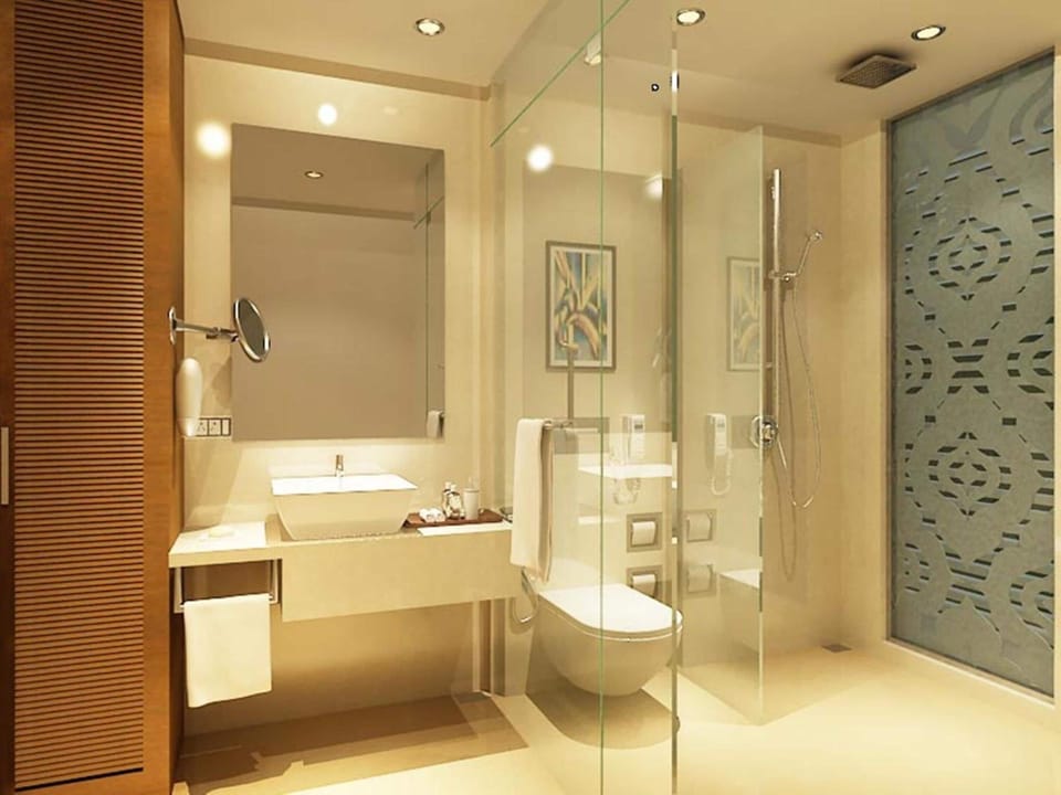 Shower, free toiletries, hair dryer, towels