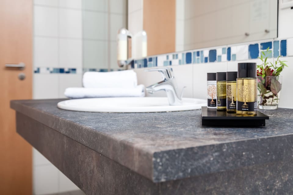 Shower, free toiletries, hair dryer, towels