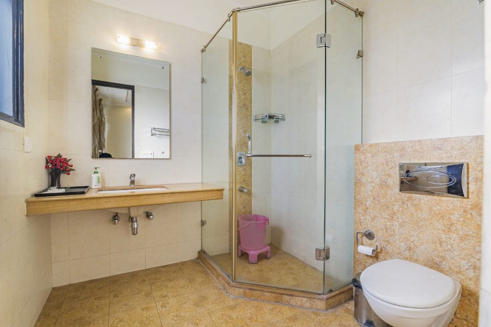 Separate tub and shower, hydromassage showerhead, designer toiletries