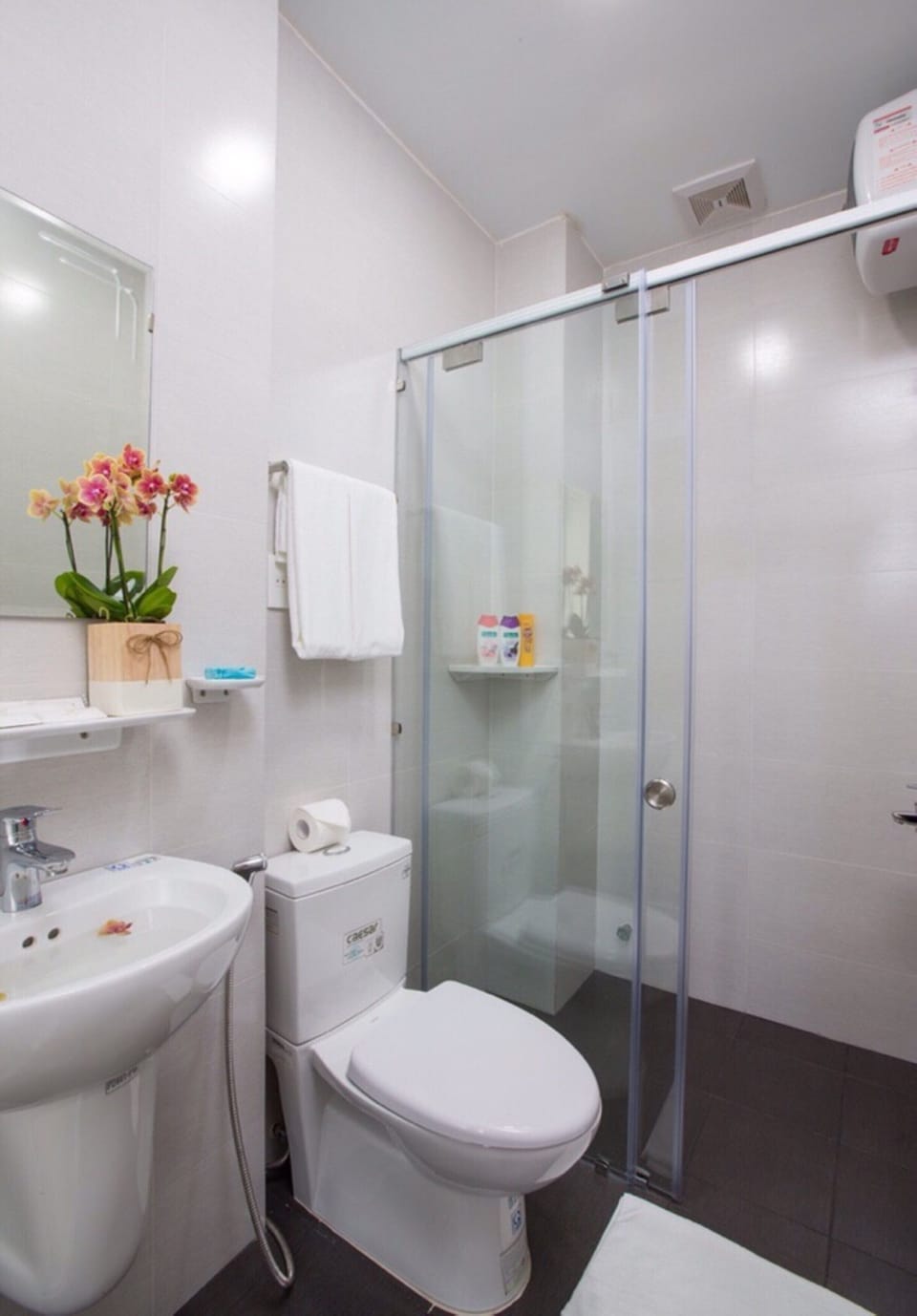 Shower, rainfall showerhead, free toiletries, hair dryer