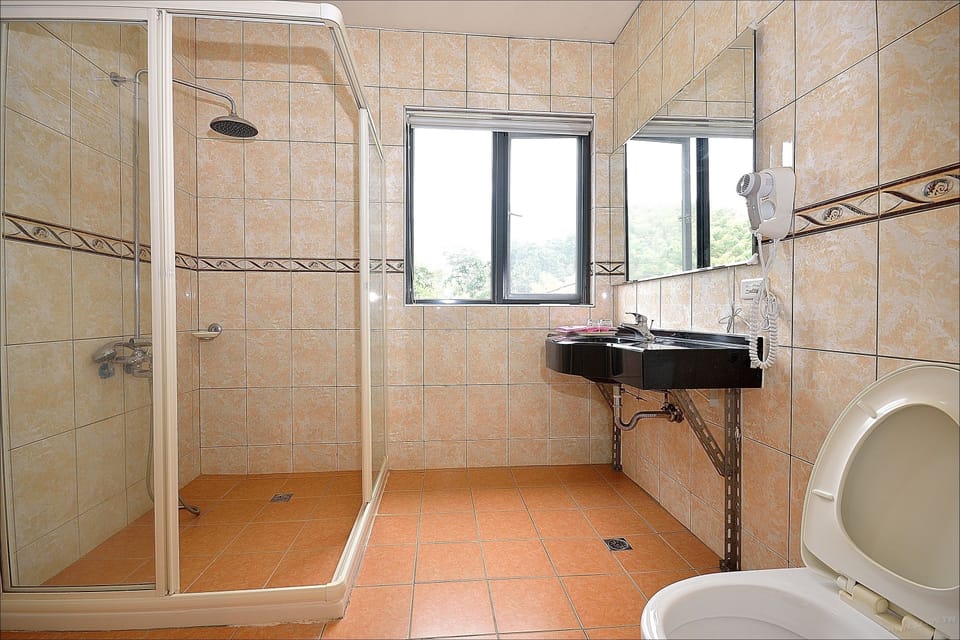 Shower, rainfall showerhead, hair dryer, slippers