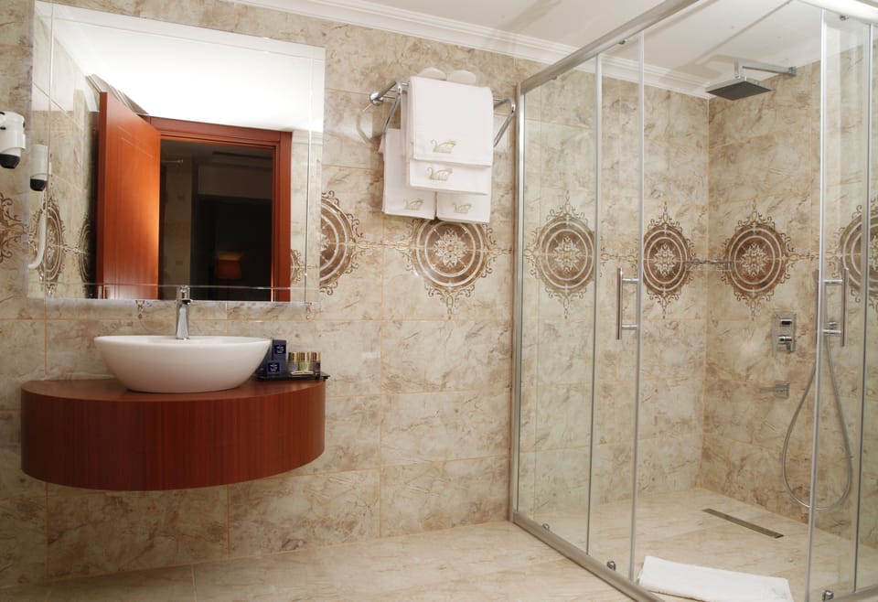 Shower, free toiletries, hair dryer, slippers