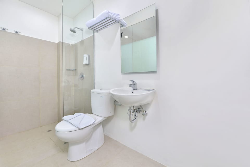 Shower, free toiletries, slippers, towels