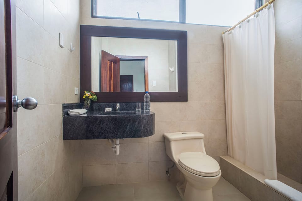 Shower, free toiletries, towels, shampoo