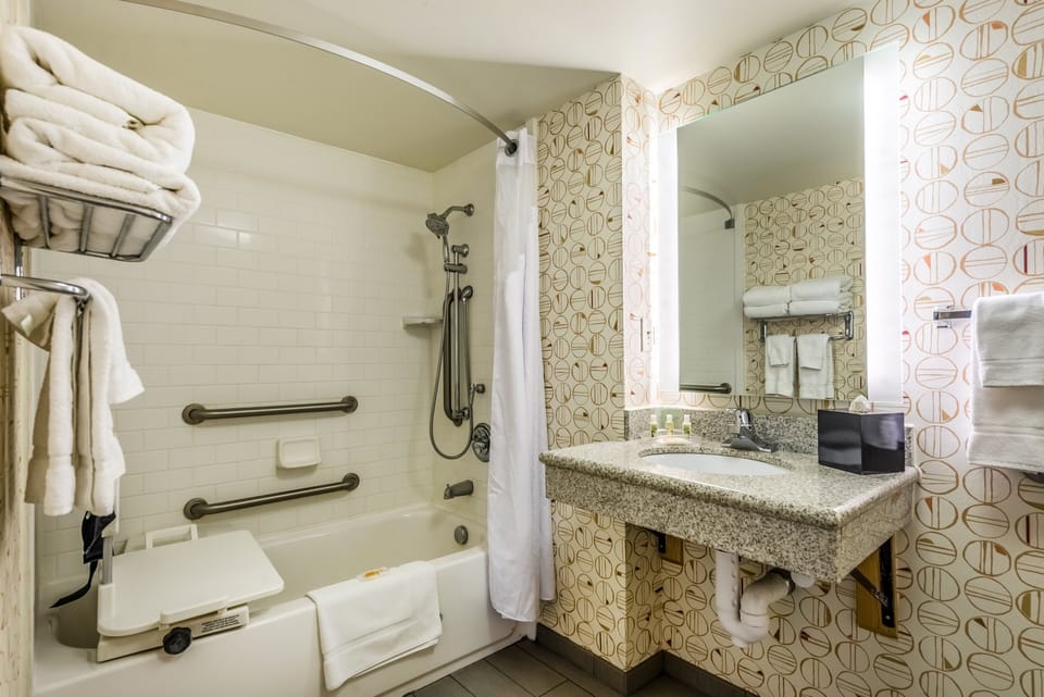 Combined shower/tub, free toiletries, hair dryer, towels