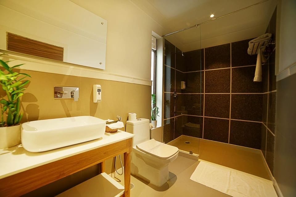 Shower, rainfall showerhead, free toiletries, hair dryer