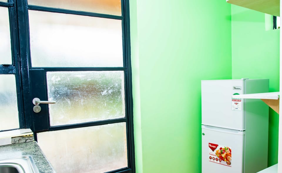 Full-size fridge, microwave, toaster, blender