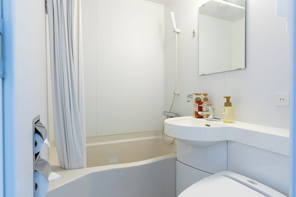 Combined shower/tub, free toiletries, hair dryer, slippers
