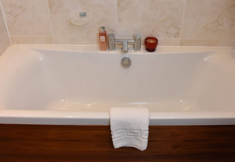 Combined shower/tub, free toiletries, hair dryer, towels