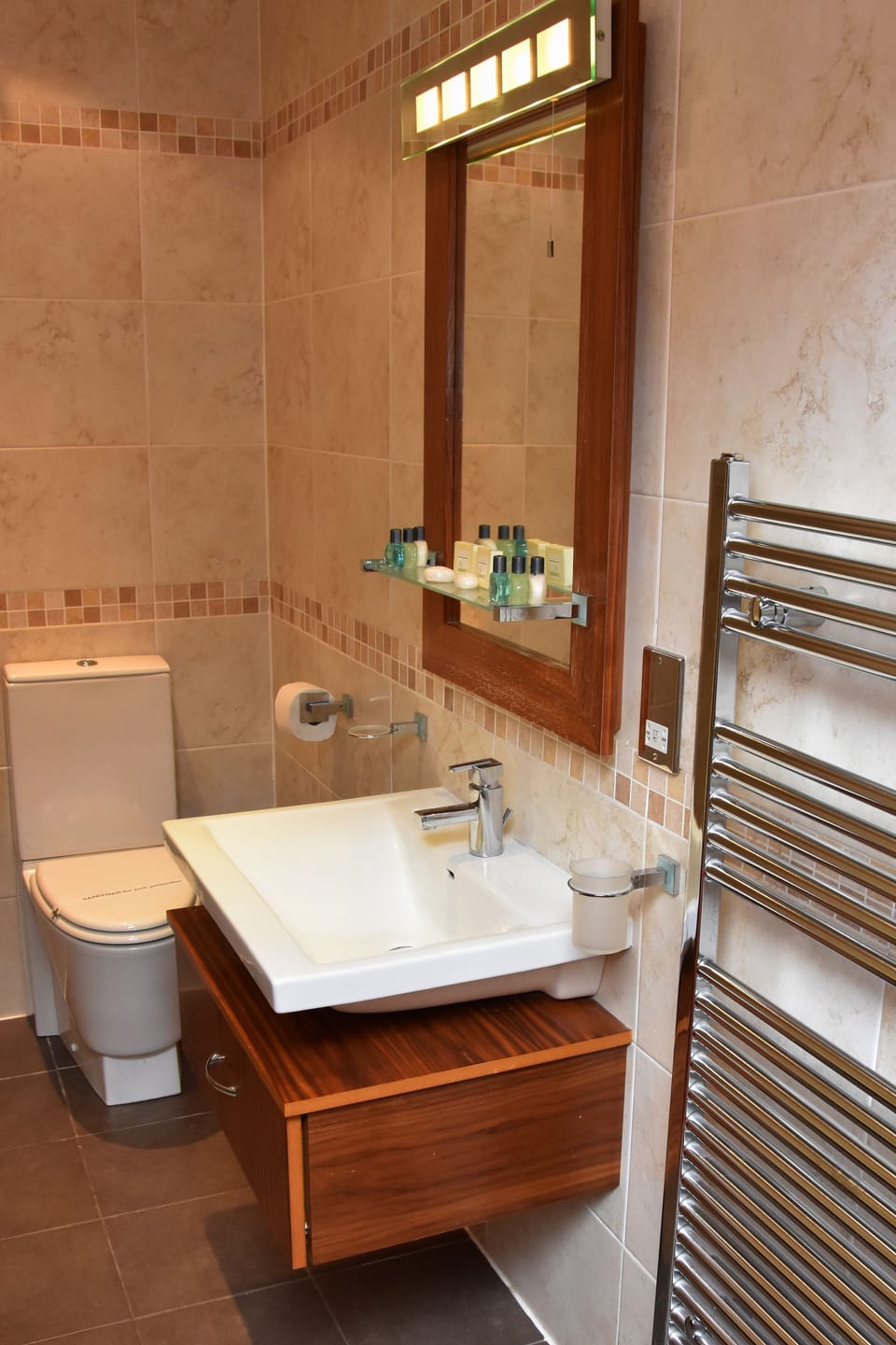 Combined shower/tub, free toiletries, hair dryer, towels