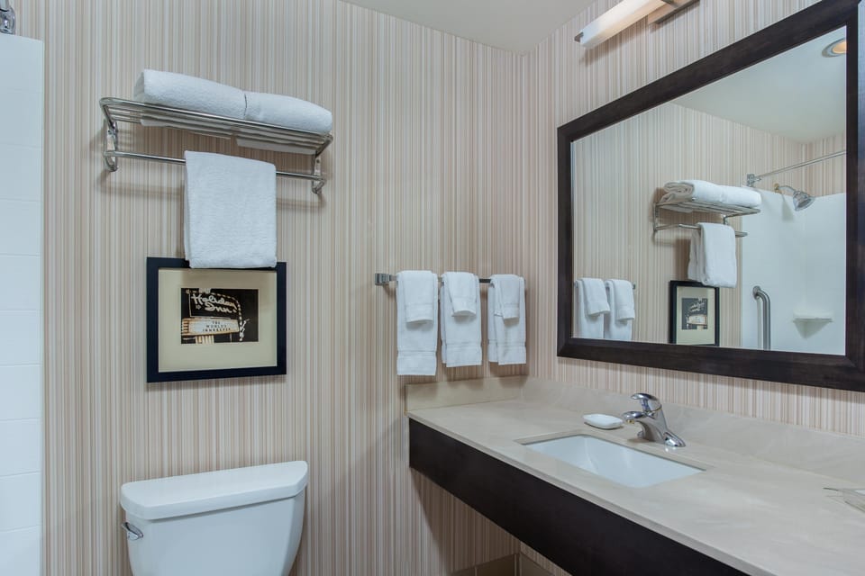 Combined shower/tub, free toiletries, hair dryer, towels