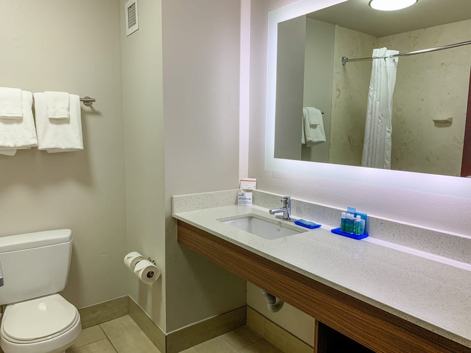 Designer toiletries, hair dryer, towels