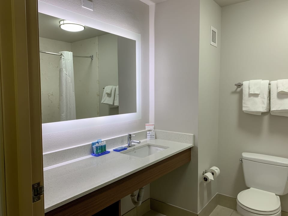 Designer toiletries, hair dryer, towels