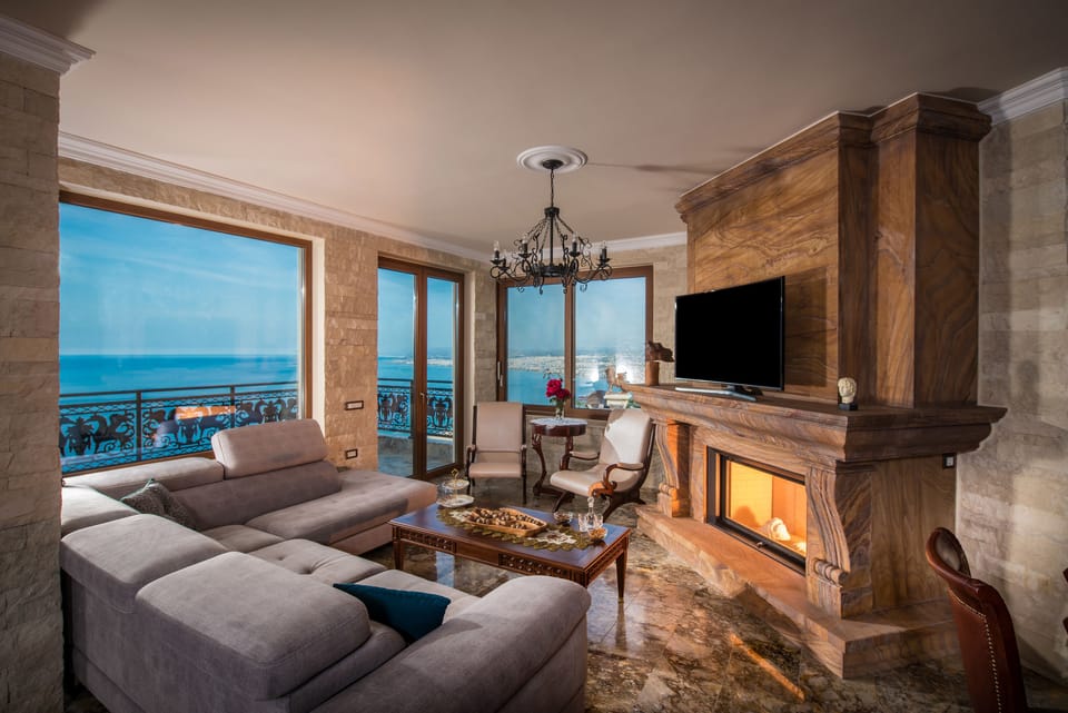 Family Villa, Sea View | Living room | Flat-screen TV, fireplace, video-game console, DVD player