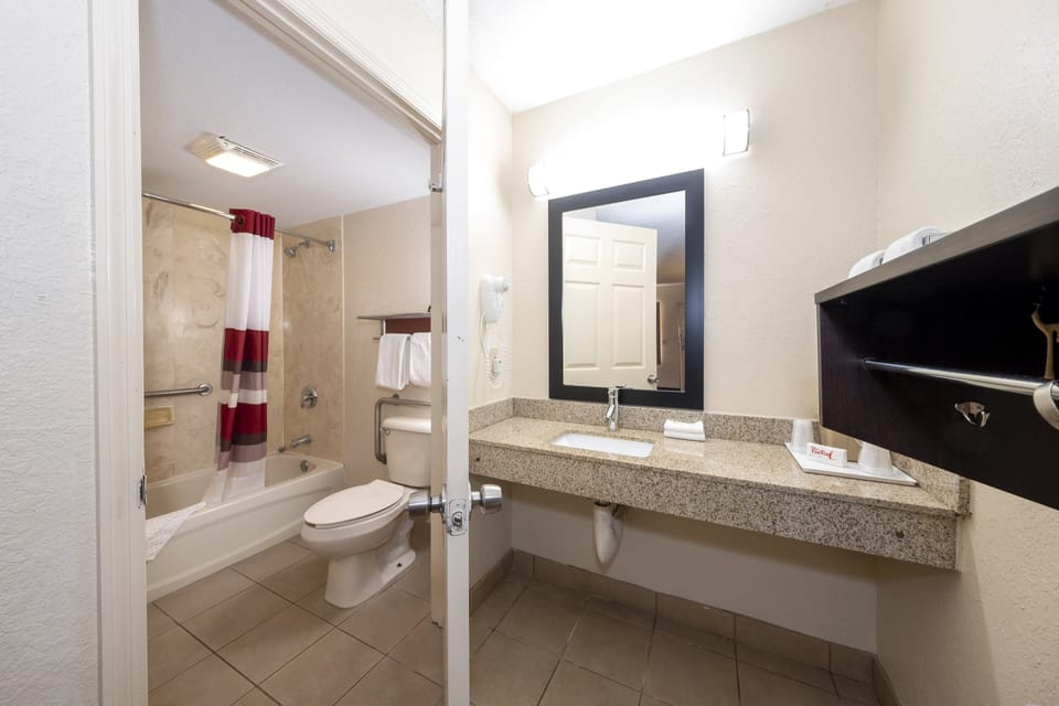 Hair dryer, towels, soap, shampoo