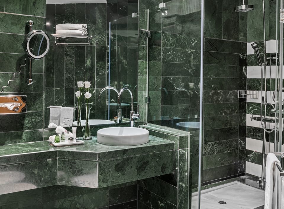 Shower, rainfall showerhead, eco-friendly toiletries, hair dryer