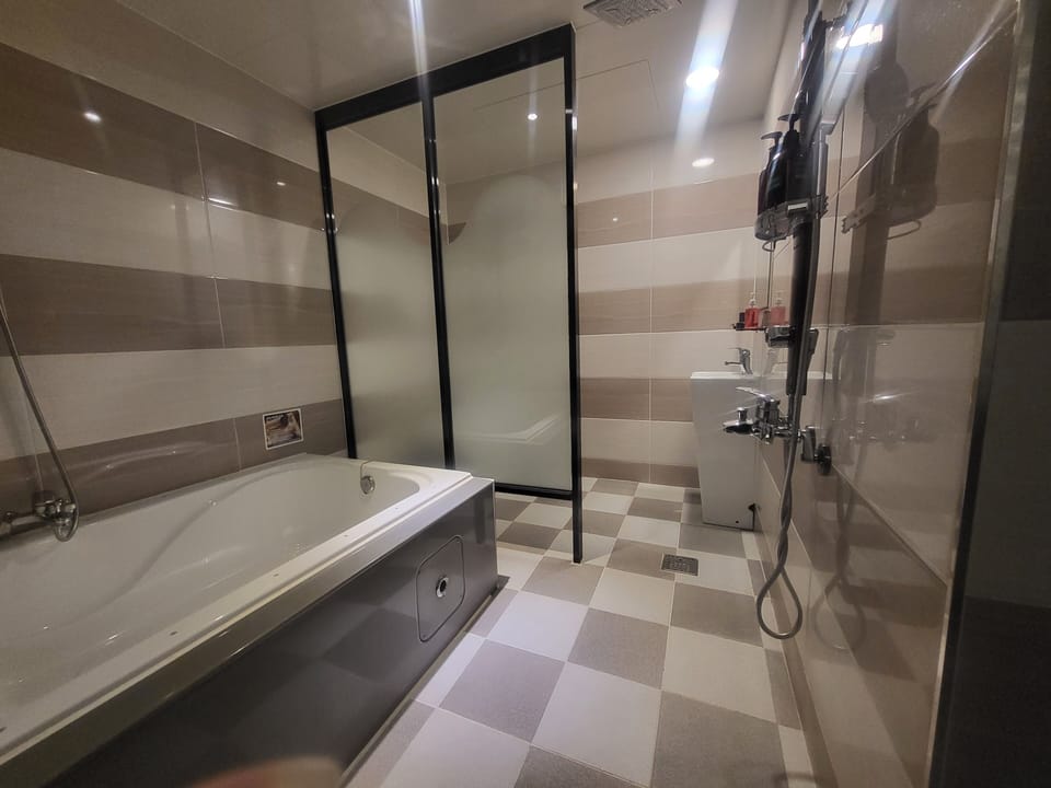 Separate tub and shower, jetted tub, free toiletries, hair dryer