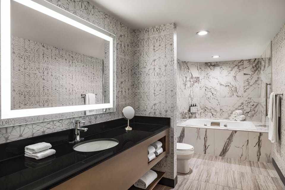 Combined shower/tub, free toiletries, hair dryer, towels