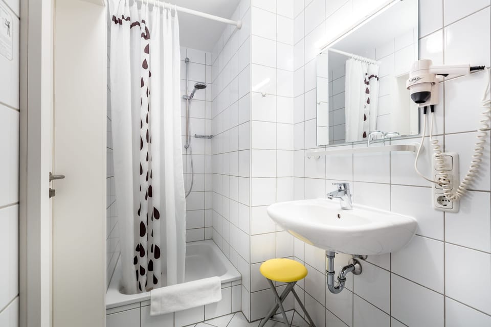 Shower, free toiletries, hair dryer, towels