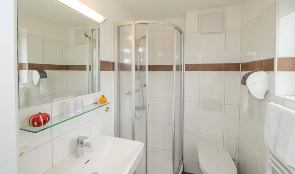 Shower, free toiletries, hair dryer, towels