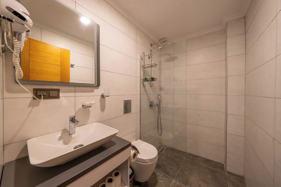 Shower, free toiletries, hair dryer, slippers