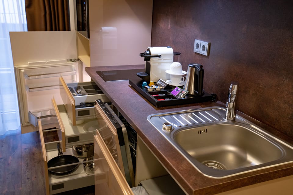 Mini-fridge, microwave, espresso maker, coffee/tea maker