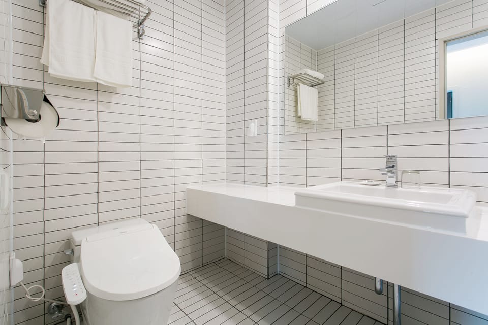 Shower, rainfall showerhead, hair dryer, slippers
