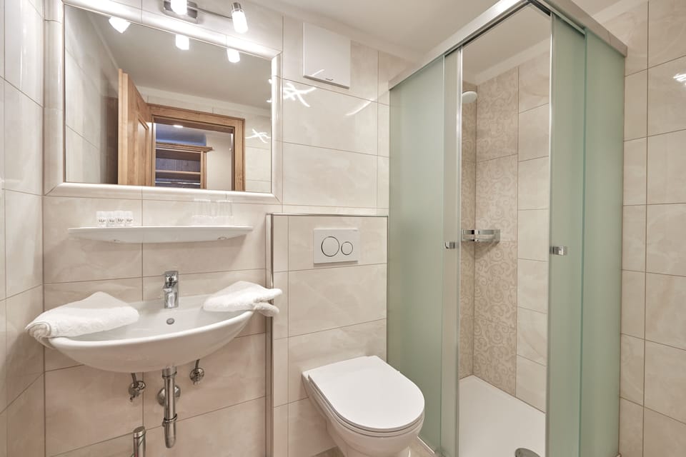 Shower, hair dryer, towels, toilet paper