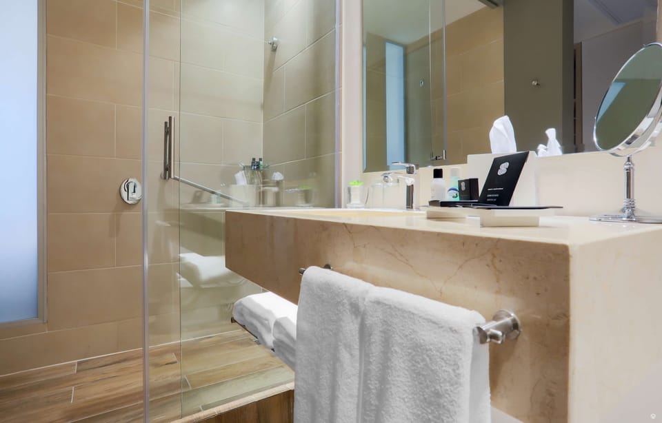 Shower, free toiletries, hair dryer, towels