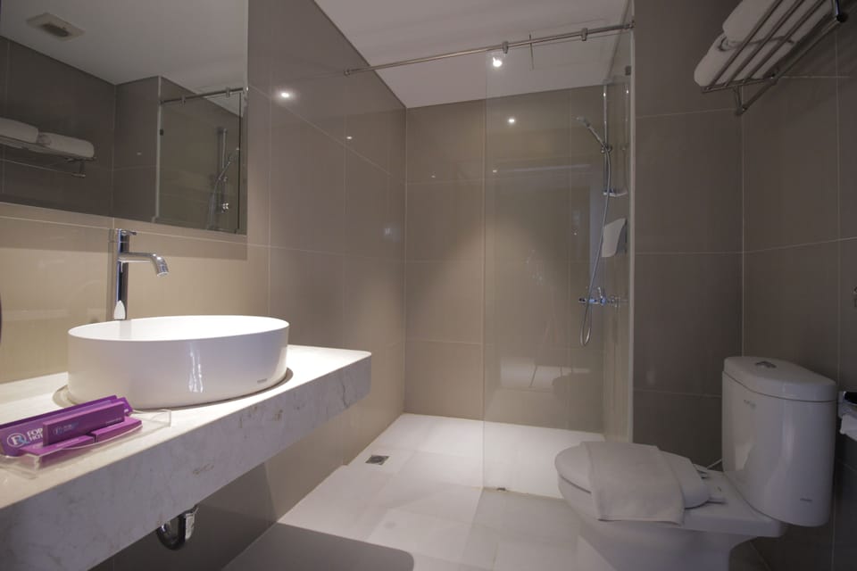 Shower, free toiletries, slippers, towels