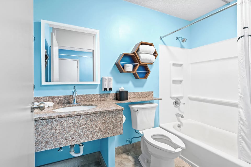 Hair dryer, towels, soap, shampoo