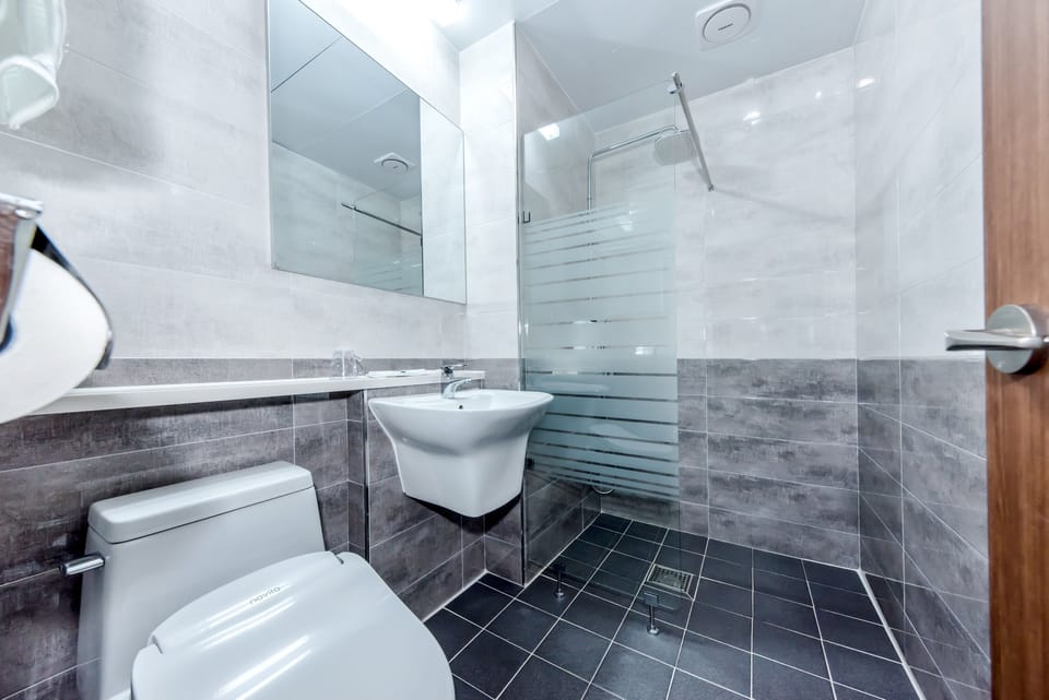 Shower, rainfall showerhead, hair dryer, slippers