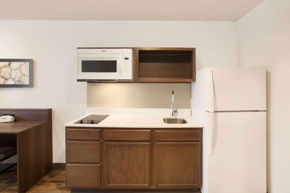 Full-size fridge, microwave, stovetop