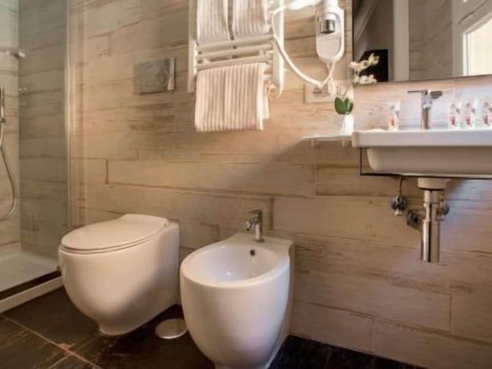 Shower, free toiletries, hair dryer, bidet
