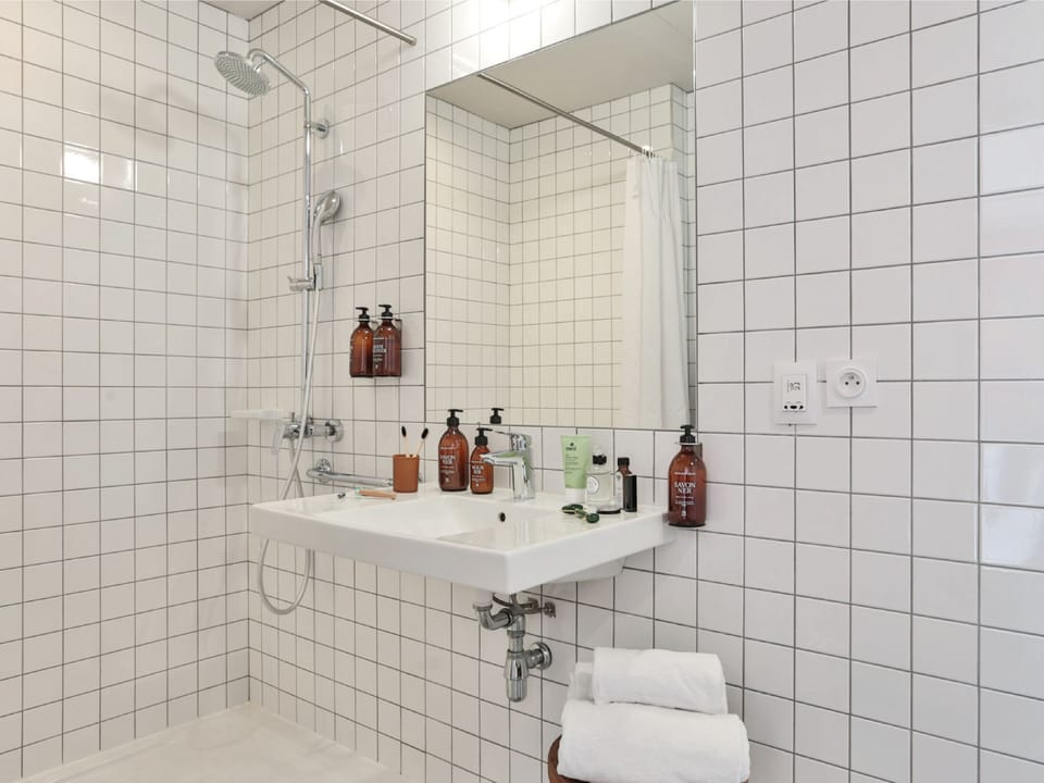Shower, rainfall showerhead, eco-friendly toiletries, hair dryer